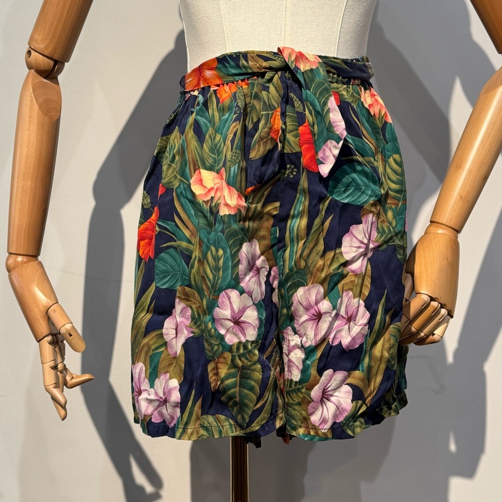 VS 100% Silk Tie-Waist Women’s Shorts - Navy with Multicolor Floral Print